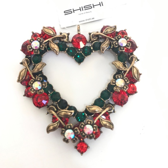 Jeweled Ornament Iridescent Heart Wreath Rhinestone NWT Red Green and Gold - Picture 9 of 9